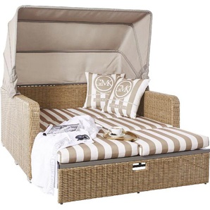 Loungesofa Norderney, beige (beige, weiß), B:146cm H:65cm T:133cm, Obermaterial: 100% Polyester, GUIDO MARIA KRETSCHMER HOME & LIVING, Sofas, Strandkorb, ausziehbares Sofa, mit klappbarem Dach, Strandkorb, inkl. Zierkissen, Topseller