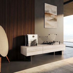 Lowboard Cuor 150 cm Keramik Laminam® Travertino Bianco Creme-Weiß 1 Klappe 1 Schubfach Fuß Schwebeoptik Metall Schwarz, Lowboards