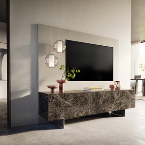 Lowboard Cuor 180 cm Keramik Laminam® Emperador Extra Lucidato Dunkelbraun 1 Klappe 2 Schubfächer Fuß Schwebeoptik Edelstahl, Lowboards