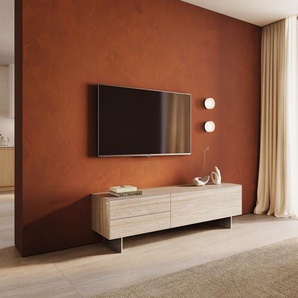 Lowboard Cuor 180 cm Keramik Laminam® Travertino Bianco Creme-Weiß 1 Klappe 2 Schubfächer Fuß Schwebeoptik Edelstahl, Lowboards