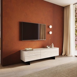 Lowboard Cuor 180 cm Keramik Laminam® Travertino Bianco Creme-Weiß 1 Klappe 2 Schubfächer Fuß Schwebeoptik Metall Schwarz, Lowboards