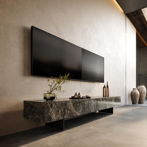 Lowboard Cuor 200 cm Keramik Emperador Extra Lucidato Dunkelbraun 1 Klappe 1 Schubfach Fuß Schwebeoptik Metall Schwarz, Lowboards