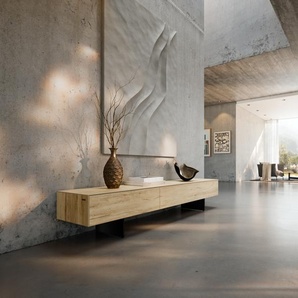 Lowboard Cuor 200 cm Keramik Laminam® Sabbia Eichefarbig 1 Klappe 1 Schubfach Fuß Schwebeoptik Metall Schwarz, Lowboards