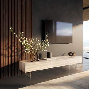 Lowboard Cuor 200 cm Keramik Laminam® Travertino Bianco Creme-Weiß 1 Klappe 1 Schubfach Fuß Schwebeoptik Acrylglas, Lowboards
