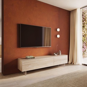 Lowboard Cuor 220 cm Keramik Laminam® Travertino Bianco Creme-Weiß 1 Klappe 2 Schubfächer Fuß Schwebeoptik Acrylglas, Lowboards