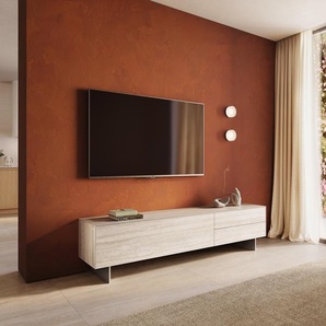 Lowboard Cuor 220 cm Keramik Laminam® Travertino Bianco Creme-Weiß 1 Klappe 2 Schubfächer Fuß Schwebeoptik Edelstahl, Lowboards