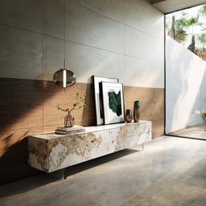 Lowboard Cuor 220 cm Keramik Minas Melange Weiß-Beige 1 Klappe 2 Schubfächer Fuß Schwebeoptik Acrylglas, Lowboards