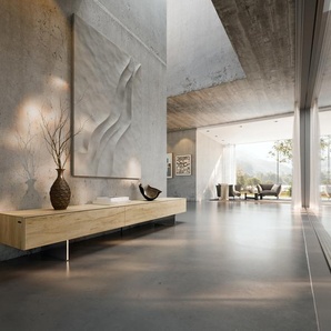 Lowboard Cuor 250 cm Keramik Laminam® Sabbia Eichefarbig 1 Klappe 1 Schubfach Fuß Schwebeoptik Edelstahl, Lowboards