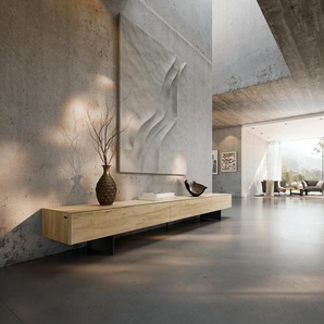 Lowboard Cuor 250 cm Keramik Laminam® Sabbia Eichefarbig 1 Klappe 1 Schubfach Fuß Schwebeoptik Metall Schwarz, Lowboards