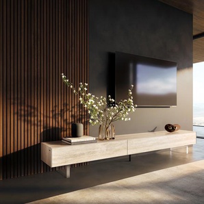 Lowboard Cuor 250 cm Keramik Laminam® Travertino Bianco Creme-Weiß 1 Klappe 1 Schubfach Fuß Schwebeoptik Acrylglas, Lowboards