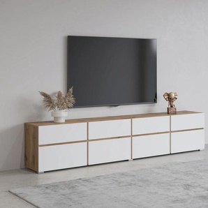 Lowboard INOSIGN Cross, moderne grifflose TV-Kommode,4 Klappen/4 Schubkästen, weiß (wotan eiche, weiß), B:225cm H:48,2cm T:40cm, FSC-zertifizierter Holzwerkstoff, Melamin, Sideboards, Breite 225 cm, TV-Schrank mit viel Stauraum, TV-Board, Topseller