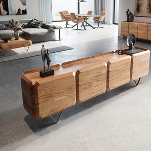 Lowboard Kiano 220 cm Akazie Natur 4 Türen V-Fuß Edelstahl Raumteiler, Fernsehtische