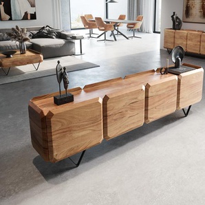 Lowboard Kiano 220 cm Akazie Natur 4 Türen V-Fuß Schwarz Raumteiler, Fernsehtische