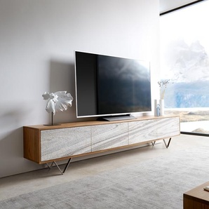 Lowboard Kleo 220 cm Akazie Natur 4 Türen V-Fuß Edelstahl, Lowboards