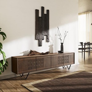 Lowboard Manjula 200 cm Mango Braun 4 Türen V-Fuß Metall Schwarz, Lowboards