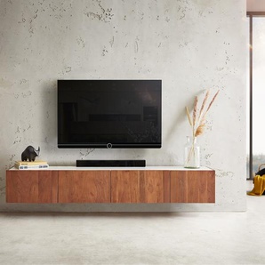 Lowboard Secara 200 cm Akazie Braun 4 Türen Marmor schwebend, Lowboards