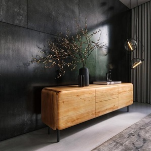 Lowboard Shavani 175 cm Akazie Natur 2 Türen 2 Schubladen Rundfuß Metall Schwarz, Lowboards