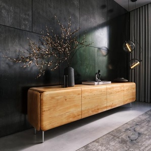 Lowboard Shavani 220 cm Akazie Natur 4 Türen Fuß Oval Edelstahl, Lowboards