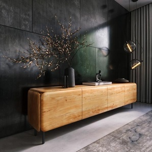 Lowboard Shavani 220 cm Akazie Natur 4 Türen Rundfuß Metall Schwarz, Lowboards