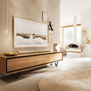 Lowboard Stonegrace 200 cm Eiche Natur 4 Türen Steinfurnier V-Fuß Metall Schwarz, Lowboards