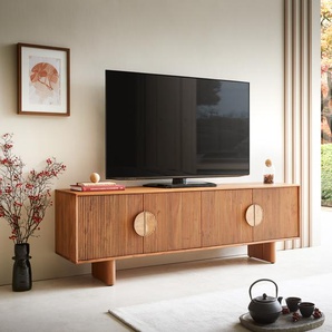 Lowboard Surimu 175 cm Akazie Hellbraun 4 Türen Kork-Griff Holzfüße, Lowboards