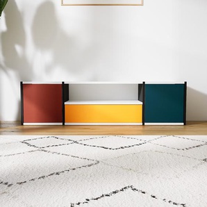 Lowboard Terrakotta - TV-Board: Schubladen in Gelb & Türen in Blaugrün - Hochwertige Materialien - 154 x 41 x 34 cm, Komplett anpassbar