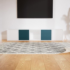 Lowboard Weiß - Designer-TV-Board: Türen in Blaugrün - Hochwertige Materialien - 195 x 41 x 34 cm, Komplett anpassbar