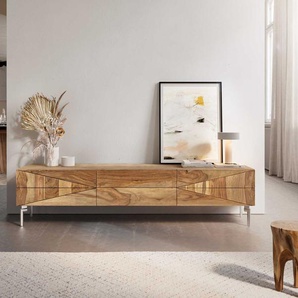 Lowboard Wyatt 175 cm Sheesham Natur 2 Türen 1 Klappe Fuß Oval Edelstahl, Fernsehtische