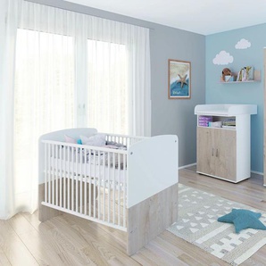 Babymöbel-Set LÜTTENHÜTT Schlafzimmermöbel-Sets Gr. Korpus und Front: Holzwerkstoff + ohne Matratze, weiß (weiß, eiche desmond) Baby Baby-Bettsets Set aus: Babybett, Kommode, Wickelaufsatz, Wandboard, Regal, Schrank
