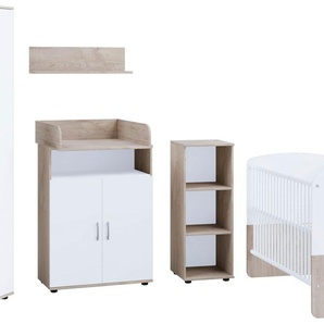 Babymöbel-Set LÜTTENHÜTT Schlafzimmermöbel-Sets Gr. Korpus und Front: Holzwerkstoff + ohne Matratze, weiß (weiß, eiche desmond) Baby Baby-Bettsets Set aus: Babybett, Kommode, Wickelaufsatz, Wandboard, Regal, Schrank