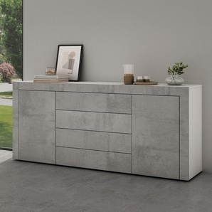 Mai&Mai Mai & Mai Sideboard Aufbewahrungsschrank BTH: 167x36x70 cm mit 2 Schränken und 4 Schubladen in Weiß matt + Beton Kommode Mehrzweckschrank Möbel Schrank03 16710