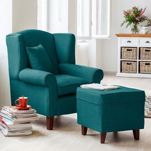 Ohrensessel Blau/Petrol Stoff Maka mit Hocker 78 x 95 x 78cm