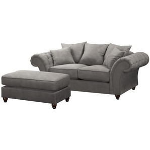 Sofa 2-Sitzer Grau/Dunkelgrau Microfaser 210 x 90 x 93cm mit Hocker Landhaus
