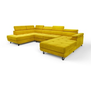 Markenlos/generisch Ecksofa Junior U Gelb Magic Velvet 2234 U-Form Ecke mit Schlaffunktion Eckcouch Couch Polsterecke U-Sofa Breite 317 cm Ecksofa mit zwei Bettkästen