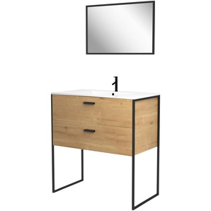 Badmöbel-Set MARWELL Factory Kastenmöbel-Sets Gr. B/H/T: 80 cm x 90 cm x 45 cm, beige (natur) Bad-Sparsets Breite 80 cm, inkl. Spiegel