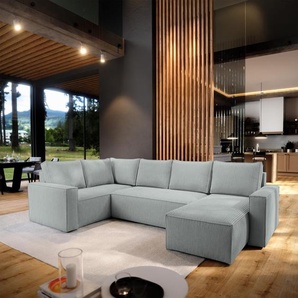 Masseno Ecksofa NORENA L-S mit Schlaffunktion U-Form, Sofa mit Bettkasten, Wohnzimmersofa, Couch, Soffa, Bettsofa, Couchgarnitur- Hellgrau, POSO 55 NORENA L-S POSO 55