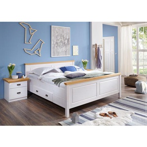 Massivholzbett 180 x 200cm Korpus: Massivholz Kiefer, lackiert Absetzung: Massivholz Kiefer, gebeizt & geölt Griffe: Metall, brüniert