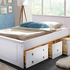 Massivholzbett HOME AFFAIRE Hugo, hohe Belastbarkeit FSC zertifiziertes Massivholz, Landhausstil, weiß, B:152cm H:84,5cm L:212cm, Betten, Bettgestell Massivholzbett Möbel Stauraumbett, Stauraumbett aus massiver Kiefer, Topseller