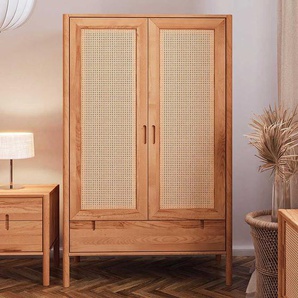 Massivholzkleiderschrank aus Wildbuche und Rattan einer Schublade