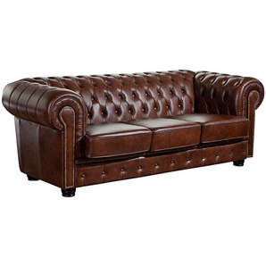 Max Winzer Chesterfield-Sofa, Braun, Leder, Echtleder, Rindleder, 3-Sitzer, 200x74x98 cm, Goldenes M, Made in Europe, Wohnzimmer, Sofas & Couches,