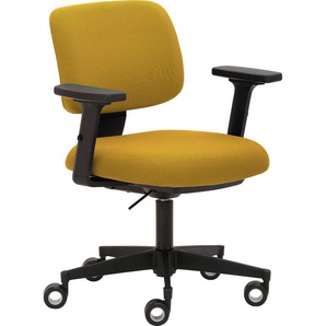 Bürostuhl MAYER SITZMÖBEL myMUSIC Stühle Gr. B/H: 65 cm x 74 cm, 1 St., Struktur (recyceltes Polyester) uni, 2D-Armlehnen-3D-Sitzkomfort für dynamisches Sitzen-Sitztiefenverstellung-Teppichbodenrollen mit Ring + Kunststoff, gelb (gelb, schwarz) Drehstühle