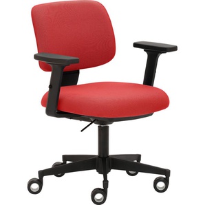 Bürostuhl MAYER SITZMÖBEL myMUSIC Stühle Gr. B/H: 65 cm x 74 cm, 1 St., Struktur (recyceltes Polyester) uni, 2D-Armlehnen-3D-Sitzkomfort für dynamisches Sitzen-Sitztiefenverstellung-Teppichbodenrollen mit Ring + Kunststoff, rot (kirschrot, schwarz)