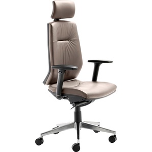 Chefsessel MAYER SITZMÖBEL Drehstuhl myCONTRACT LINE Stühle Gr. B/H/T: 66 cm x 141,0 cm x 62 cm, Echtleder Lederoptik, Sitz, Rücken und Kopfstütze gepolstert-mit Armlehnen-Alu-Fußkreuz poliert-Teppichbodenrollen groß + Aluminium-Kunststoff, grau (taupe,