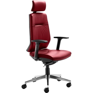 Chefsessel MAYER SITZMÖBEL Drehstuhl myCONTRACT LINE Stühle Gr. B/H/T: 66 cm x 141,0 cm x 62 cm, Echtleder Lederoptik, Sitz, Rücken und Kopfstütze gepolstert-mit Armlehnen-Alu-Fußkreuz poliert-Teppichbodenrollen groß + Aluminium-Kunststoff, rot (weinrot,