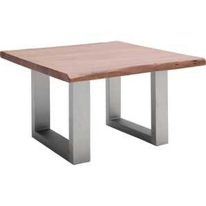 Couchtisch MCA FURNITURE Cartagena Tische Gr. B/H/T: 75 cm x 45 cm x 75 cm, Quadrat, braun (walnuss, edelstahl gebürstet, walnuss) Couchtisch Eckige Couchtische Holz-Couchtische Massivholz mit Baumkante und natürlichen Rissen Löchern
