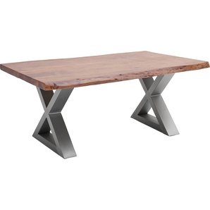 Couchtisch MCA FURNITURE Cartagena Tische Gr. B/H/T: 110 cm x 45 cm x 70 cm, Rechteck, braun (walnuss, edelstahl gebürstet, walnuss) Couchtisch Eckige Couchtische Holz-Couchtische Massivholz mit Baumkante und natürlichen Rissen Löchern