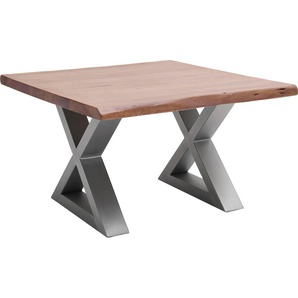 Couchtisch MCA FURNITURE Cartagena Tische Gr. B/H/T: 75 cm x 45 cm x 75 cm, Quadrat, braun (walnuss, edelstahl gebürstet, walnuss) Couchtisch Eckige Couchtische Holz-Couchtische Massivholz mit Baumkante und natürlichen Rissen Löchern