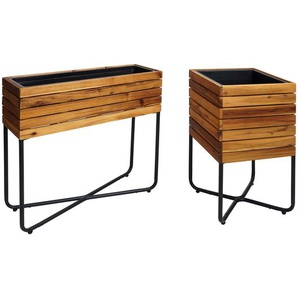 Mendler 2er-Set Pflanzkasten HWC-L25, Blumenkasten, rechteckig quadratisch Outdoor Stahl Akazie Holz MVG-zer 98585+98586