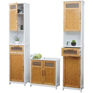 Mendler Badezimmerset HWC-A85, Badmöbel 2x Hochschrank Waschbeckenunterschank Bambus, MVG-zertifiziert weiß 2x57142+57146