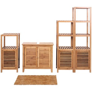 Mendler Badezimmerset HWC-B18, Komplett Badezimmer Badmöbel Badset Badschrank mit Tür, Bambus ~ Variantenang 57560+57557+57554+57555+57556